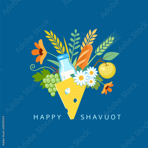 A bouquet of traditional products for the Jewish holiday Shavuot. Vector template design for greeting card, poster, flyer, banner and print