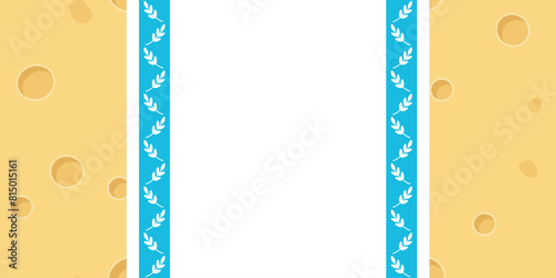 Shavuot banner template with cheese background and tablecloth with wheat ornament. Top view vector illustration