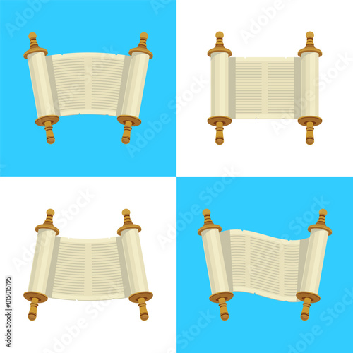 Torah scroll icons set. Flat illustration of ancient Jewish bible book scroll of torah. Vector elements for Jewish holidays design
