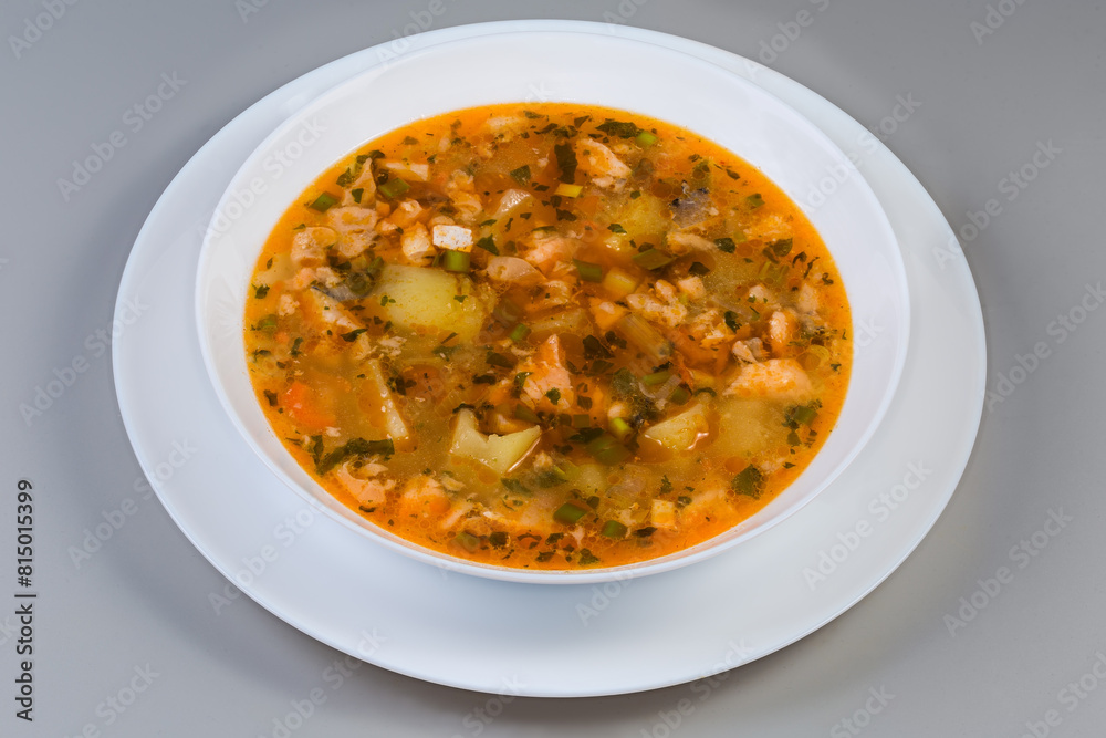 Portion of clear salmon soup on gray background, close-up