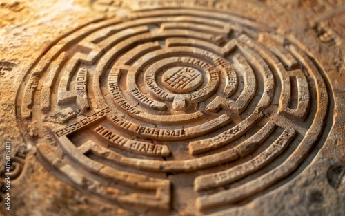 Ancient stone labyrinth engraving with inscribed Latin text.