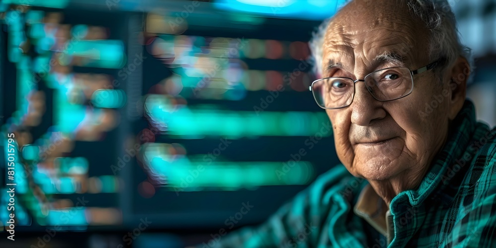 Elderly man learning coding at computer embracing lifelong learning in retirement. Concept Senior Citizens, Lifelong Learning, Coding Skills, Retirement Lifestyle, Technology Education