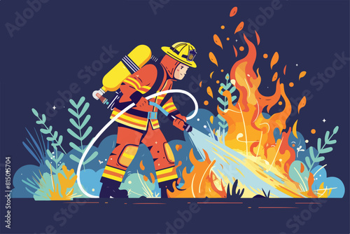 Firefighter illustration. Firefighter-rescue extinguishes the fire. Dangerous profession. A man in a fireproof suit.