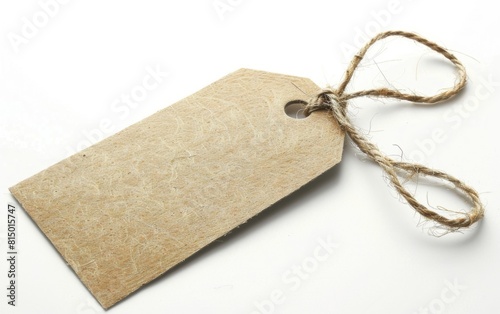 Blank beige tag with a rustic twine loop on white background.