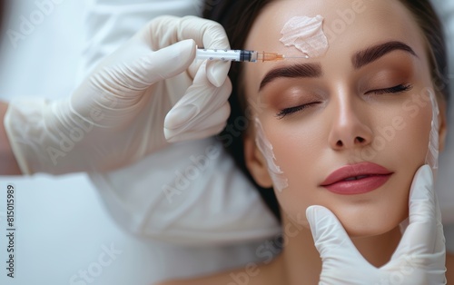 A tranquil woman undergoes a facial treatment  where cream is applied with a syringe  blending medical precision with skincare luxury. The image suggests a harmonious balance of health and beauty.