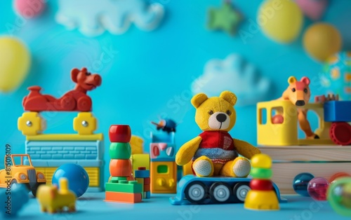 Bright children s toys on a vivid blue backdrop.