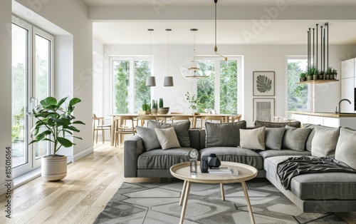 Bright  modern living room seamlessly transitions to a chic dining area.