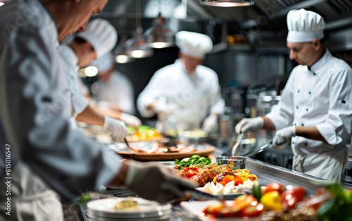 Chefs in white hats preparing food diligently in a professional kitchen.
