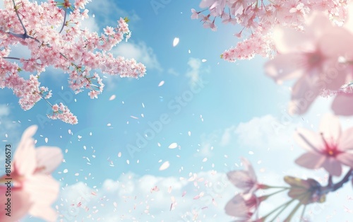 Cherry blossoms in full bloom under a serene blue sky, petals drifting gently.