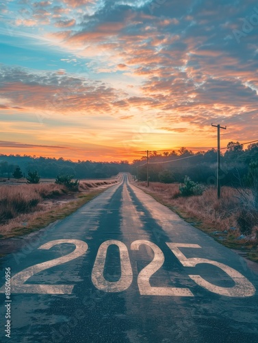 A crisp sunrise road boldly displays '2025', as if guiding travelers toward the promise of the coming year. The dawn sky flares with colors of hope and new possibilities.