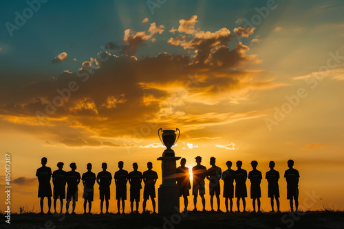Dramatic Silhouette of Football Team Eyeing Champion Cup at Sunset © spyrakot