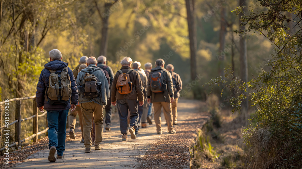 Group of Elderly Friends Enjoying a Healthy Lifestyle on a Nature Walk Group of Elderly Friends Enjoying a Healthy Lifestyle on a Nature Walk