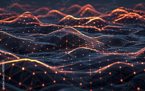 Dark undulating landscape composed of glowing interconnected nodes and lines. photo