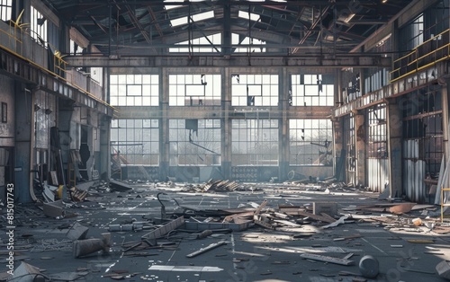 Decaying industrial warehouse with scattered debris and large windows.