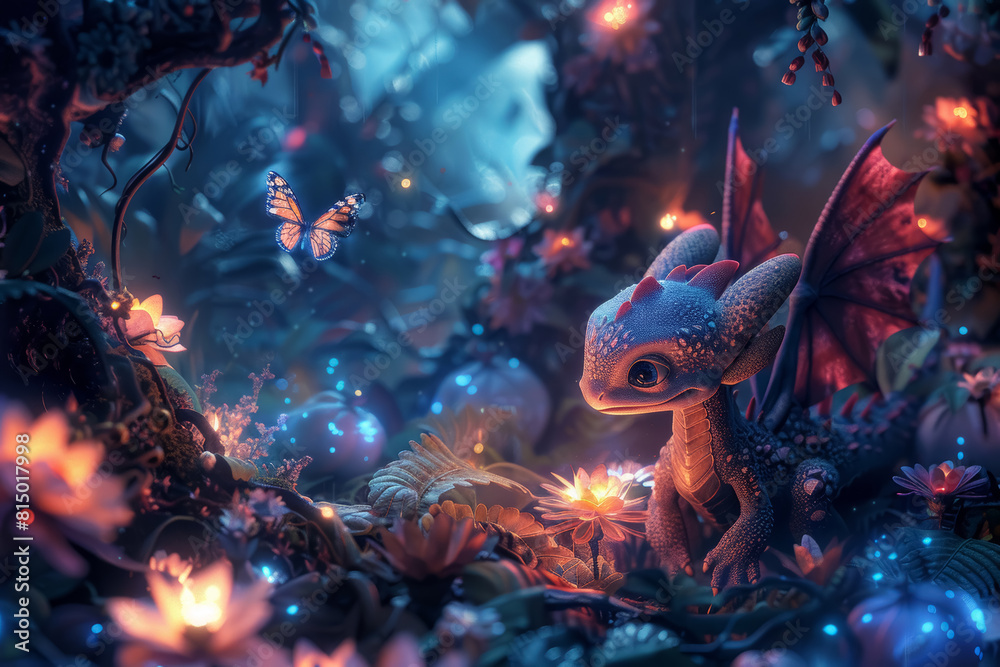 Playful Baby Dragons Chasing Butterflies in a Mystical, Glowing Forest Playful Baby Dragons Chasing Butterflies in a Mystical, Glowing Forest