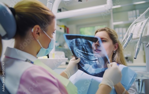 Dentist showing patient her dental X-ray in modern clinic.