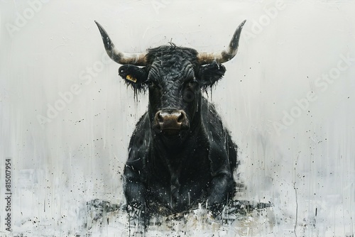 Black cow with big horns on a grunge background, black bull photo