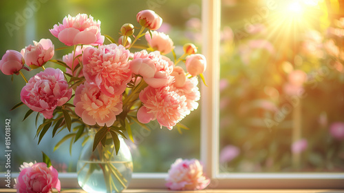 A bouquet of pink peonies illuminated by the sun, standing on the windowsill in a glass jar