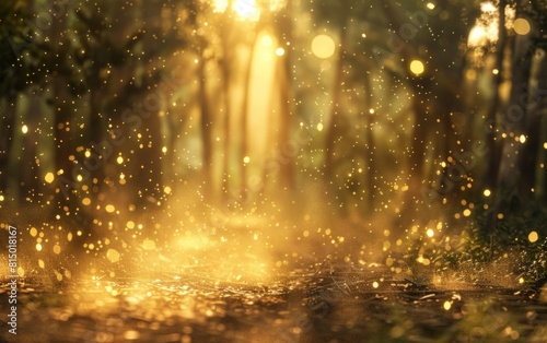 Dusty golden light with floating particles in a soft-focus forest.