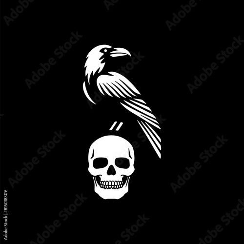 Raven skull. Crow skull. Raven standing on skull logo illustration