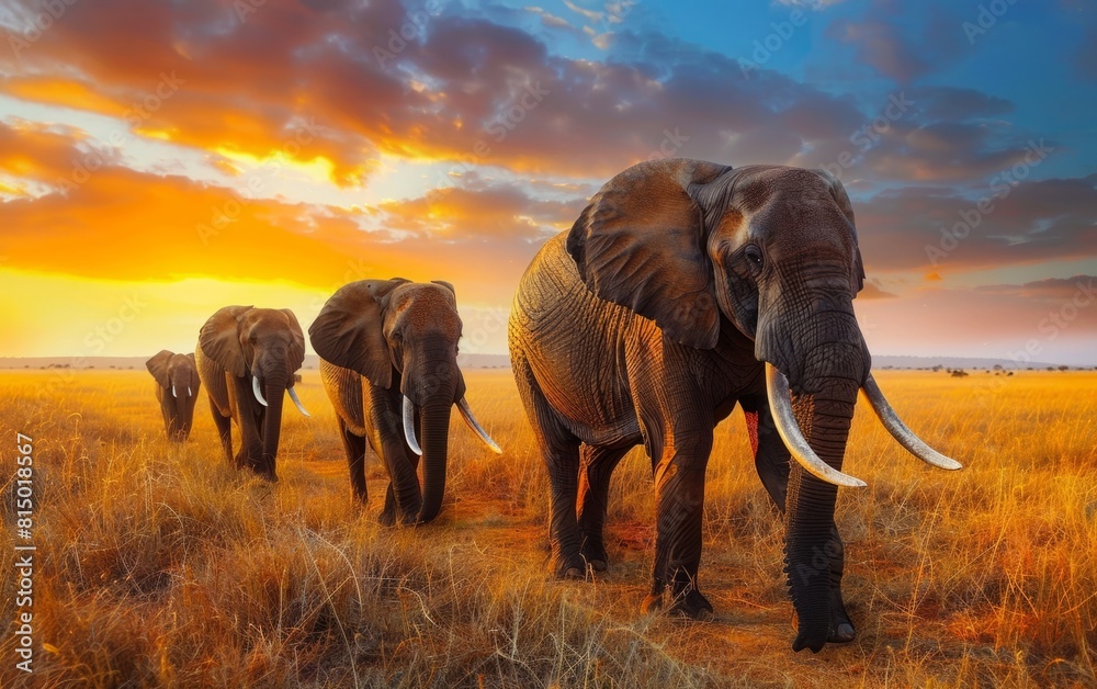 Elephants marching in golden savanna under a vibrant sunset sky.