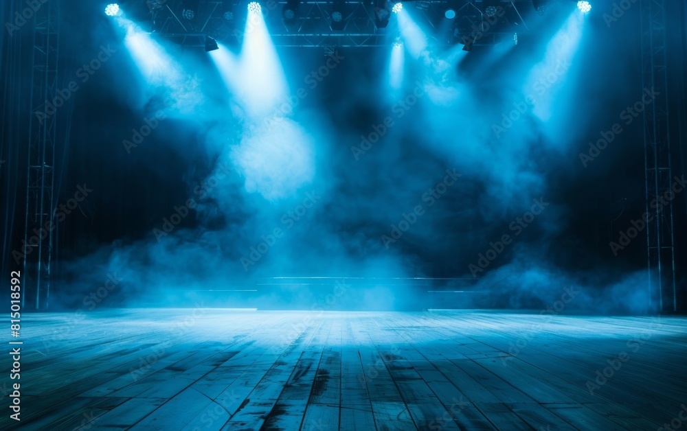 Empty stage with dramatic lighting and smoke, ready for a performance.