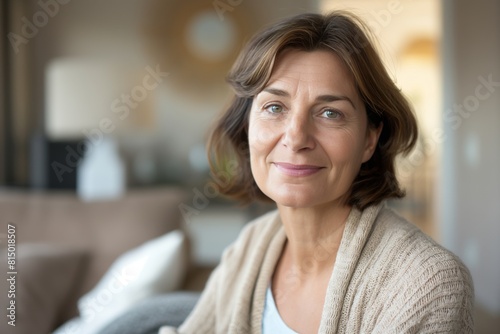 Portrait of a content middle-aged woman with a subtle smile, wearing a cozy sweater, enjoying a relaxed moment at her well-decorated living room, exuding calmness and comfort