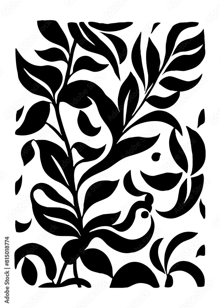 Botanical black and white pattern. Abstract plant shapes. Minimalist illustration for printing on wall decorations, for use in graphics, for tattoos. Generated by Ai Botanical black and white pattern. Abstract plant shapes. Minimalist illustration for printing on wall decorations, for use in graphics, for tattoos. Generated by Ai