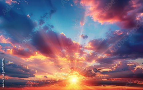Expansive sunset sky with dramatic clouds and radiant light rays.