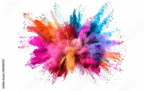 Explosion of vibrant multicolored powder on a white background.