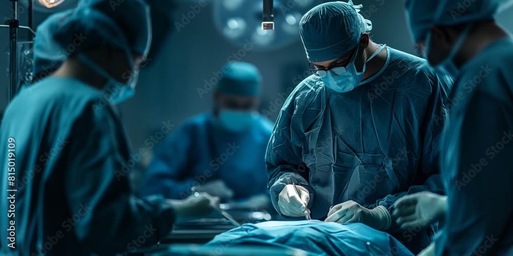 A team of medical professionals in scrubs is focused on performing surgery in a well-equipped operating room A team of medical professionals in scrubs is focused on performing surgery in a well-equipped operating room
