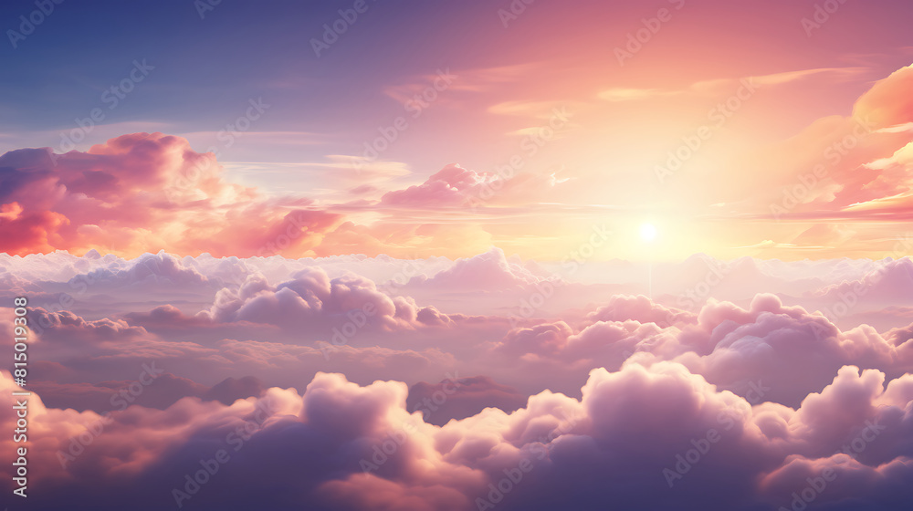 Beautiful aerial view above clouds at sunset. 3d illustration.