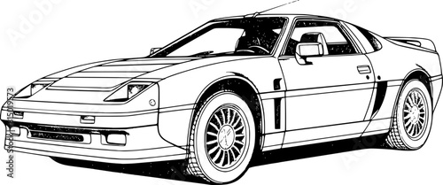 Abstract retro sports car in black and white ink drawing style, adult coloring book