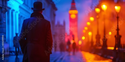 Victorian Private Detective Taking a Leisurely Walk Through the London Streets on a Moody Evening. Concept Victorian London  Private Detective  Moody Evening  Leisurely Walk  Detective Fiction