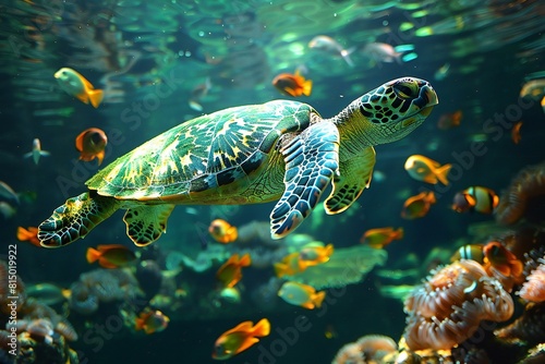 Green sea turtle swimming in the sea, Underwater world concept