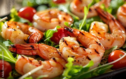 Grilled shrimp with fresh salad and cherry tomatoes. photo