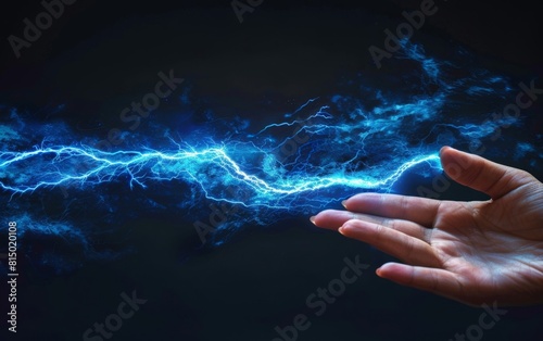 Hand conjuring a dynamic blue electricity arc on a dark background. photo