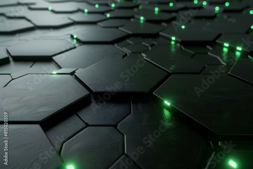 A black hexagonal background with green lights, high quality, high resolution