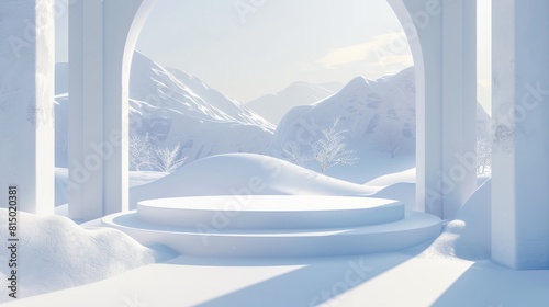 Abstract winter scene with geometrical forms, arch with a podium in natural light. surreal background. 3D render. hyper realistic  © Johannes