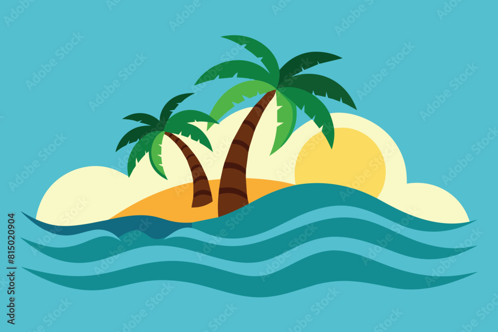 Palm tree island and waves, paradise graphics vector