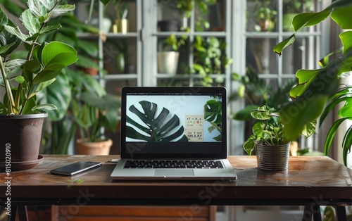 Laptop on wooden desk with online learning screen, flanked by plants. photo