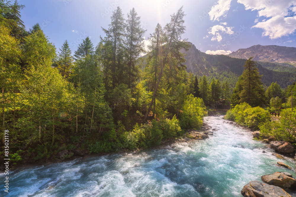 A creek in summer, mountain landscape in Cogne, Alps. Aosta Valley, Italy A creek in summer, mountain landscape in Cogne, Alps. Aosta Valley, Italy