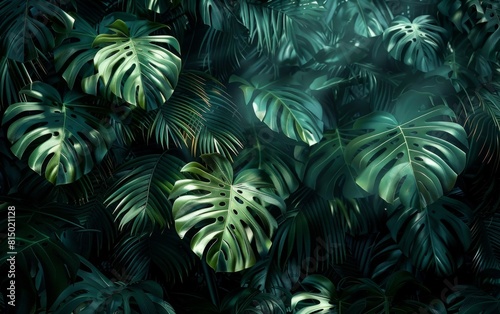 Lush, dark green monstera leaves in a dense, moody jungle scene.