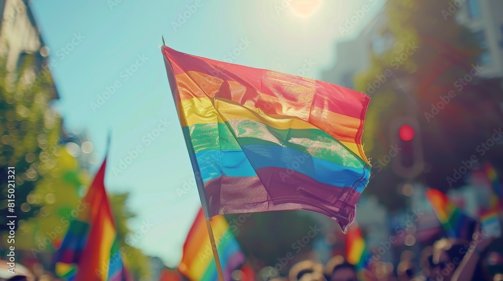 Fototapeta premium A festive parade of LGBTQ+ pride, with rainbow flags fluttering in the wind.