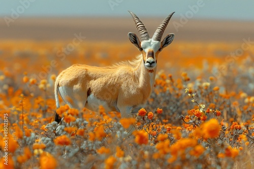 Springbok antelope (Aepyceros melampus) in a field of poppies