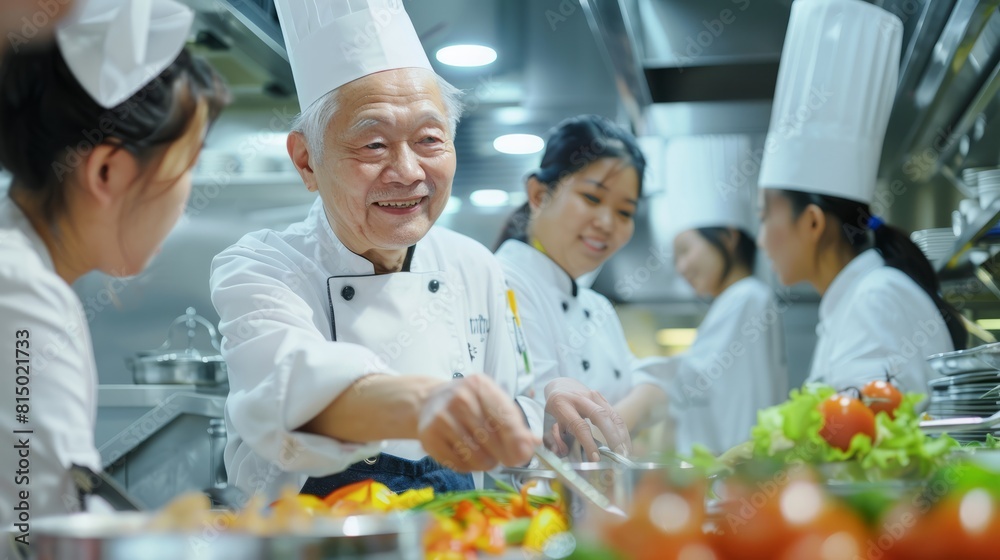 Asian senior chef teaches diverse students cooking methods in a restaurant kitchen workshop. Focusing on teamwork learning and note-taking. Professional education. Food Edocation hyper realistic Asian senior chef teaches diverse students cooking methods in a restaurant kitchen workshop. Focusing on teamwork learning and note-taking. Professional education. Food Edocation hyper realistic