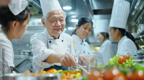 Asian senior chef teaches diverse students cooking methods in a restaurant kitchen workshop. Focusing on teamwork learning and note-taking. Professional education. Food Edocation hyper realistic 