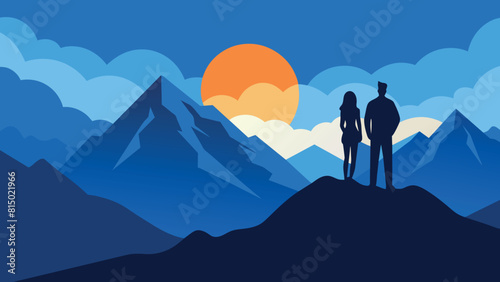 Silhouette Couple of man and woman reaching mountain top enjoying freedom and looking towards blue mountain silhouettes and sunrise. Alps, Allgaeu, Bavaria, Germany. stock photo photo