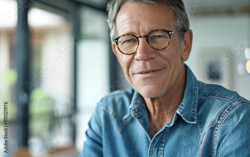 Mature man with glasses in a denim shirt, smiling gently indoors.