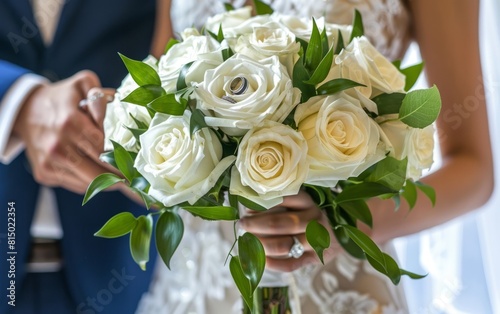 Newlyweds holding hands, showcasing wedding rings and a bouquet of white roses.